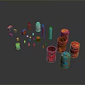Assorted Colorful Containers Including Glass Tubes Plastic Cans and Stacked Jars