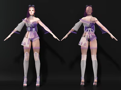 Detailed Game and Movie Character in Purple White Outfit with Long Hair and Decorative Design 3d model