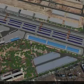 Aerial View Planning of Modern Industrial Park With Warehouses Cranes and Blue Water Areas