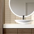 Modern Bathroom Vanity With Round Mirror White Washbasin Wooden Cabinet And Striped Marble Walls