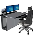 Modern Office Desk With Dual Monitors Blue Screens Keyboard Mouse And Ergonomic Mesh Chair