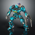 Blue Mech Warrior Robot With Dual Guns And Yellow Chest Markings 3d model