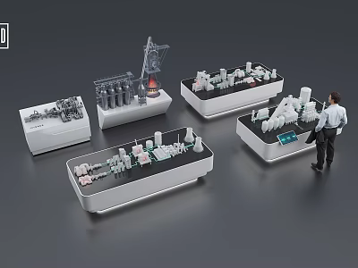 Tech Exhibition Hall with Industrial and Urban Models on Display Stands and Professional Visitor Observing 3d model