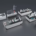 Tech Exhibition Hall with Industrial and Urban Models on Display Stands and Professional Visitor Observing