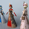 Game Film Characters In Different Colored Decorative Dresses With Ornate Staff