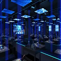 Modern High End Bar Interior With Blue Lighting Mirrored Decor And Bar Counter Tables Chairs