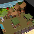 Tropical Wooden Buildings With Palm Trees Green Roofs Terrace And Open Pavilions In Lush Setting