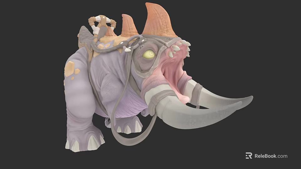 Game Fantasy Creature Character With Purple Skin Orange Horns Yellow Eyes And Saddle On Back 3d model 