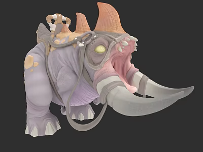 Game Fantasy Creature Character With Purple Skin Orange Horns Yellow Eyes And Saddle On Back 3d model