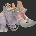 Game Fantasy Creature Character With Purple Skin Orange Horns Yellow Eyes And Saddle On Back