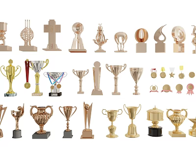 Elegant Various Design Metal Trophies and Medals for Competition Awards 3d model