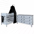 White Baby Crib With Colorful Drawer Dresser And Wooden Wall Canopy