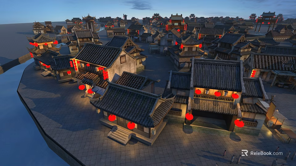 Scenic Ancient Chinese Architecture With Traditional Tiled Roofs Red Lanterns And City Square 3d model 