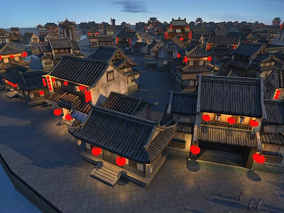 Scenic Ancient Chinese Architecture With Traditional Tiled Roofs Red Lanterns And City Square 3d model