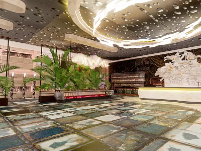 Modern Luxury KTV Interior With Stylish Lighting Green Plants And Bar Counter 3d model