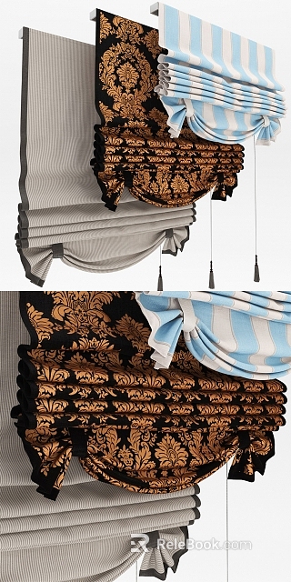 Elegant Roman Blinds With Golden Patterns Blue Stripes And Gray Designs 3d model 