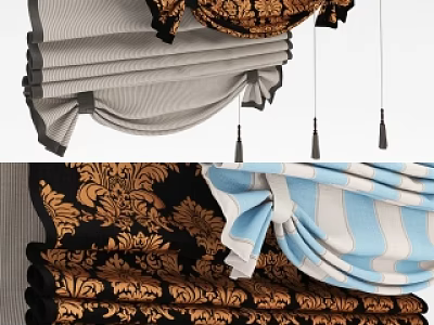 Elegant Roman Blinds With Golden Patterns Blue Stripes And Gray Designs 3d model