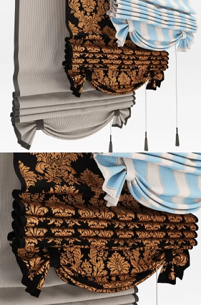 Elegant Roman Blinds With Golden Patterns Blue Stripes And Gray Designs 3d model Elegant Roman Blinds With Golden Patterns Blue Stripes And Gray Designs 3d model
