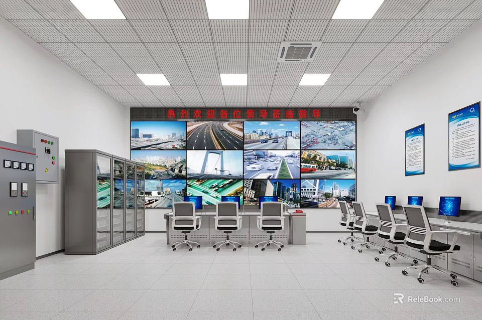 Spacious Bright Modern Monitoring Control Office With Large Multi Screen Video Wall And Standard Workstations 3d model 