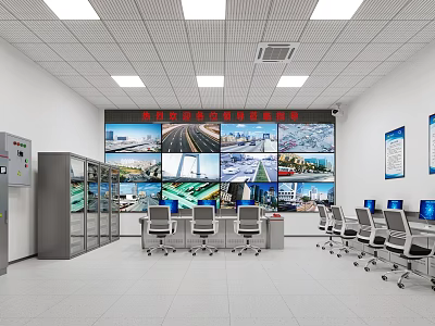 Spacious Bright Modern Monitoring Control Office With Large Multi Screen Video Wall And Standard Workstations 3d model
