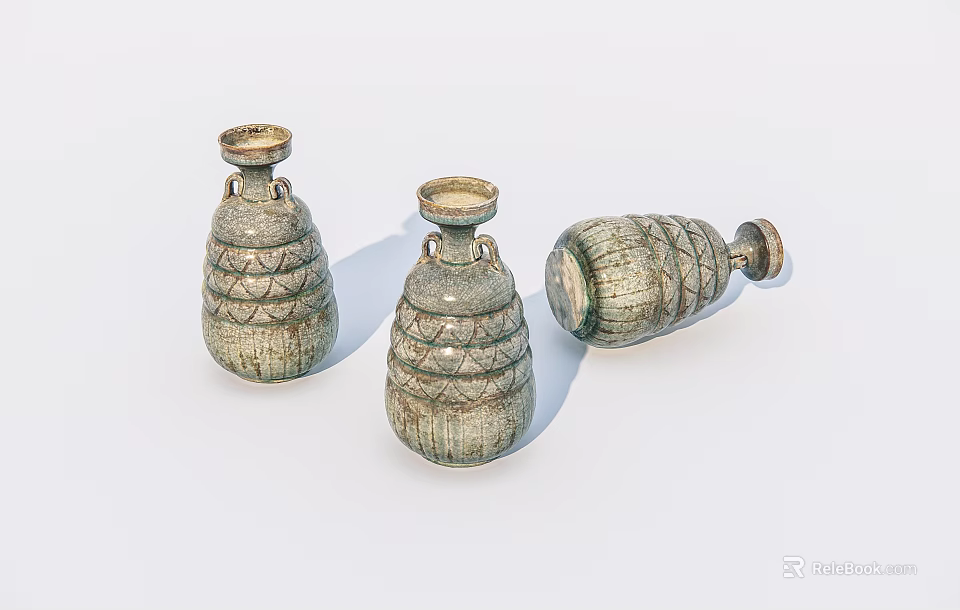 Three Textured Ceramic Vases With Gray Green Tone And Handle Design 3d model