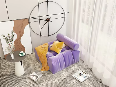 Purple Single Sofa with Yellow Pillows and Orange Blanket in Bright Living Area with Magazines 3d model