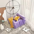Purple Single Sofa with Yellow Pillows and Orange Blanket in Bright Living Area with Magazines