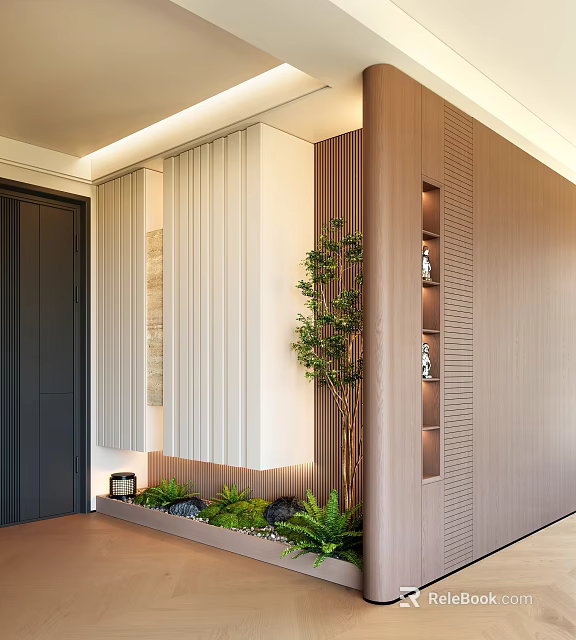 Modern Entryway Console And Side Cabinet With Wooden Design Green Plant And Decorative Shelves 3d model 