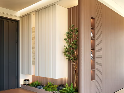 Modern Entryway Console And Side Cabinet With Wooden Design Green Plant And Decorative Shelves 3d model