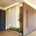 Modern Entryway Console And Side Cabinet With Wooden Design Green Plant And Decorative Shelves