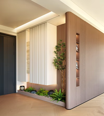 Modern Entryway Console And Side Cabinet With Wooden Design Green Plant And Decorative Shelves 3d model