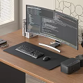 Modern Workspace Setup with Curved Monitor Code Wooden Desk Keyboard Mouse and Headphones