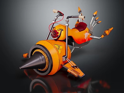 Orange Motorcycle With Flame Design Large Wheel And Spiked Front Cone 3d model