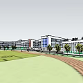 Modern White School Building With Teaching Buildings Green Playground And Running Track Under Blue Sky