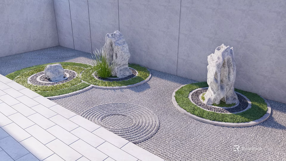 Modern Garden Ornaments with Circular Lawn Areas Large Stones Spiral Pebble Paths and Green Plants 3d model 