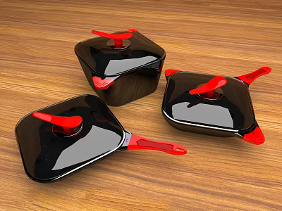 Three Black Cookware Pieces With Red Handles And Lids On Wooden Table 3d model