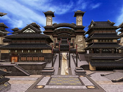 Ancient Chinese Architecture With Curved Eaves Tiled Roof Courtyard Gate And Stone Steps 3d model