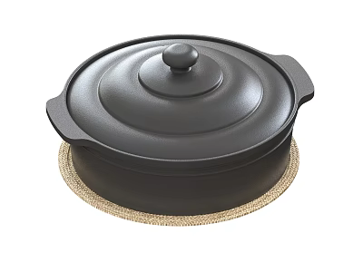 Black Casserole Pot with Lid Placed on Woven Kitchen Mat for Home Cooking 3d model