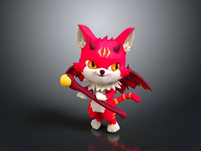 Cute Cartoon Red Horned Winged Cat Creature With Striped Tail Holding Staff With Yellow Ball 3d model