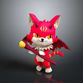 Cute Cartoon Red Horned Winged Cat Creature With Striped Tail Holding Staff With Yellow Ball
