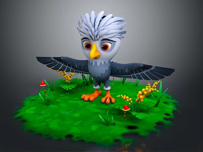 Cartoon Eagle Character Standing On Green Grass With Yellow Flowers And Red Mushrooms 3d model
