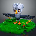 Cartoon Eagle Character Standing On Green Grass With Yellow Flowers And Red Mushrooms