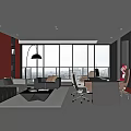Modern Office Interior With Red Walls Large Windows Sofa Coffee Table And Desk