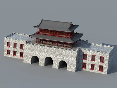 Ancient Architecture City Gate Tower With Gray Stone Walls Red Windows And Traditional Roof 3d model
