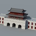Ancient Architecture City Gate Tower With Gray Stone Walls Red Windows And Traditional Roof