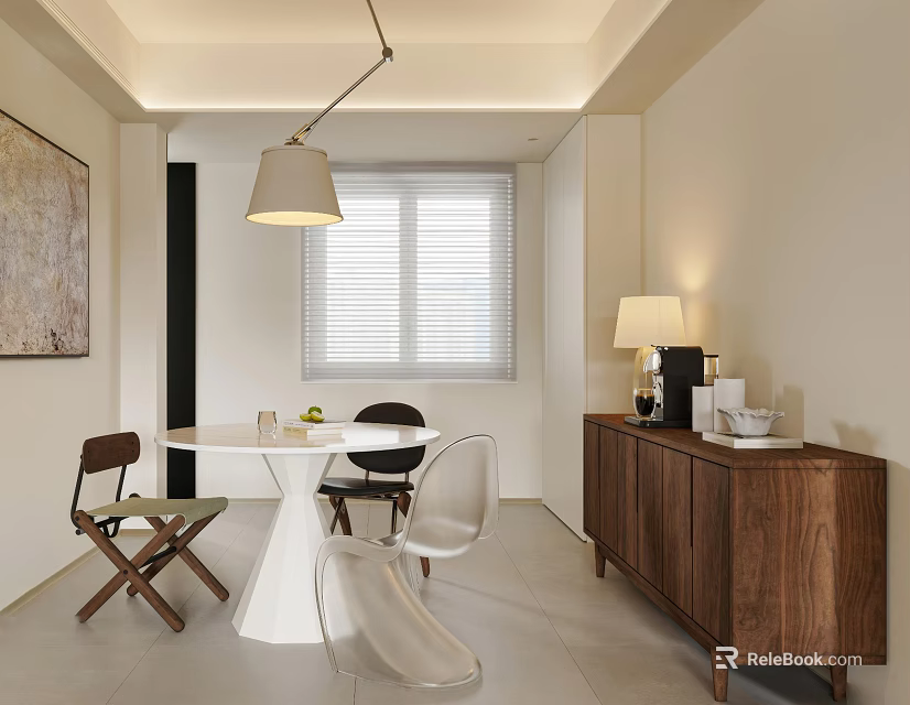 Modern Restaurant Interior With White Round Dining Table Wooden Cabinet And Hanging Lamp 3d model 