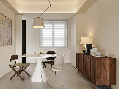 Modern Restaurant Interior With White Round Dining Table Wooden Cabinet And Hanging Lamp 3d model