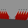 Red National Flags With Golden Decorations Symmetrically Arranged In Two Rows