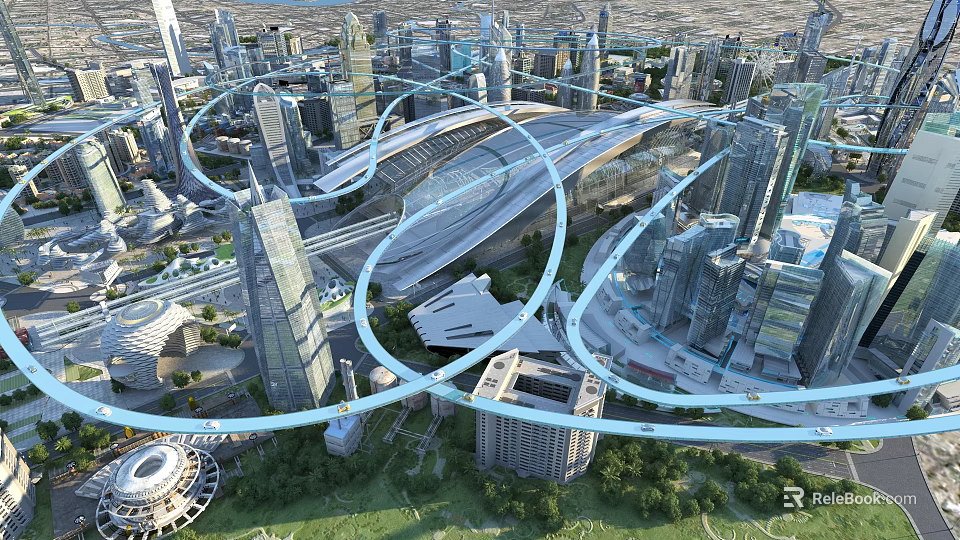 Aerial Planning of Modern City with Tall Buildings and Transportation Network 3d model 