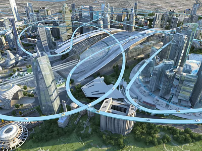 Aerial Planning of Modern City with Tall Buildings and Transportation Network 3d model